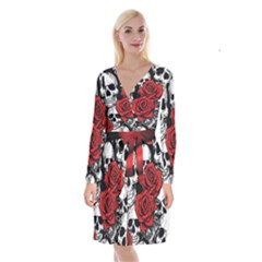 Roses And Skulls Long Sleeve Velvet Front Wrap Dress