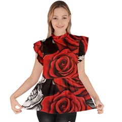 Roses And Skulls Ruffle Collar Short Sleeve Chiffon Top