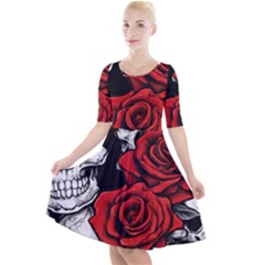 Roses And Skulls Quarter Sleeve A-line Dress