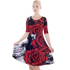 Roses And Skulls Quarter Sleeve A-line Dress With Pockets