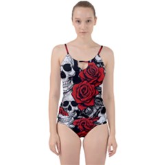 Roses And Skulls Cut Out Top Tankini Set