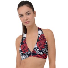 Roses And Skulls Halter Plunge Bikini Top