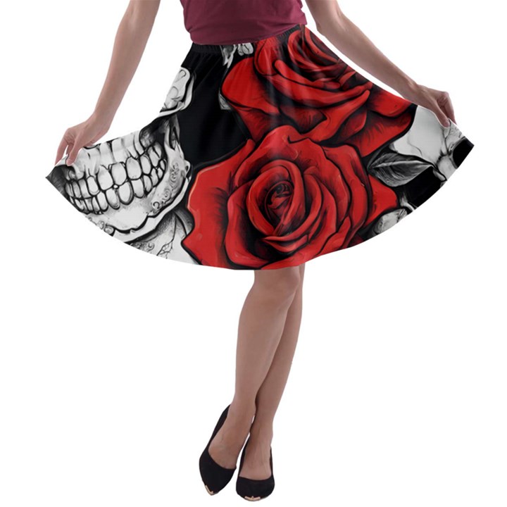 Roses and Skulls A-line Skater Skirt