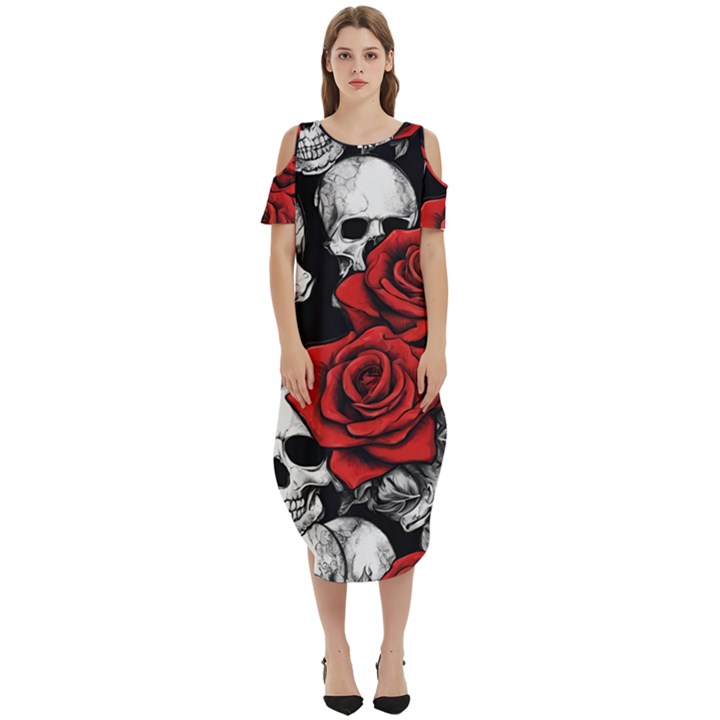 Roses and Skulls Cold Shoulder Loose Fit Dress With Pockets