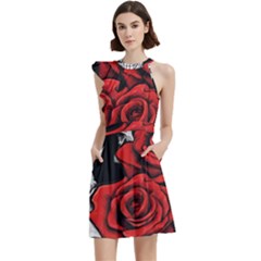 Roses And Skulls Cocktail Party Halter Sleeveless Dress With Pockets