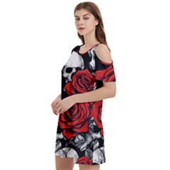 Roses And Skulls Women s Cold Shoulder Round Neck Mini Dress by pollyparadiseartshop