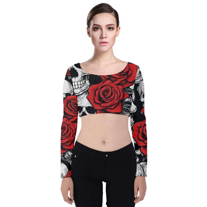 Roses and Skulls Velvet Long Sleeve Crop Top