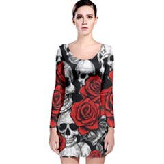 Roses And Skulls Long Sleeve Velvet Bodycon Dress