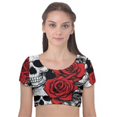 Roses And Skulls Velvet Short Sleeve Crop Top 