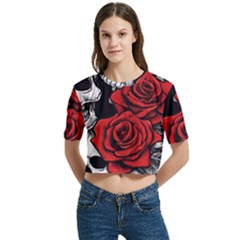 Roses And Skulls Women s Round Neck Short Sleeve Crop Top by pollyparadiseartshop