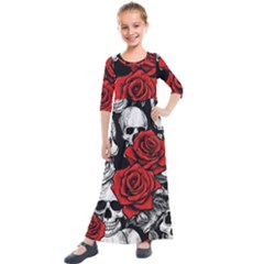 Roses And Skulls Kids  Quarter Sleeve Maxi Dress