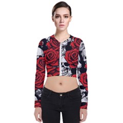 Roses And Skulls Long Sleeve Zip Up Bomber Jacket