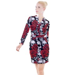 Roses And Skulls Button Long Sleeve Dress