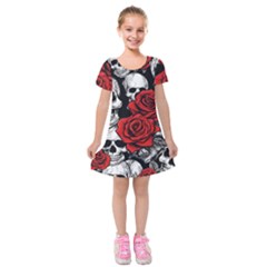 Roses And Skulls Kids  Short Sleeve Velvet Dress