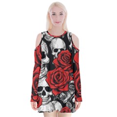 Roses And Skulls Velvet Long Sleeve Shoulder Cutout Dress