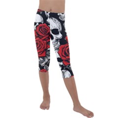 Roses And Skulls Kids  Lightweight Velour Capri Leggings 