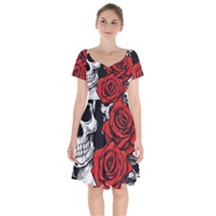 Roses And Skulls Short Sleeve Bardot Dress