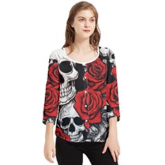 Roses And Skulls Chiffon Quarter Sleeve Blouse