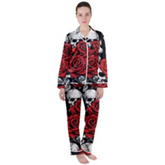 Roses And Skulls Women s Long Sleeve Satin Pajamas Set