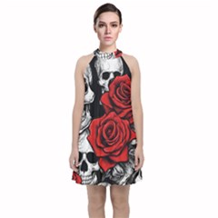 Roses And Skulls Velvet Halter Neckline Dress 