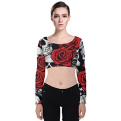 Roses And Skulls Velvet Long Sleeve Crop Top