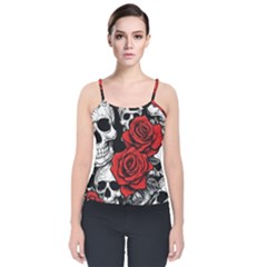 Roses And Skulls Velvet Spaghetti Strap Top