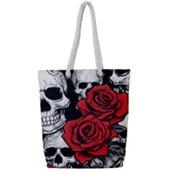 Roses And Skulls Full Print Rope Handle Tote (small)