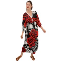 Roses And Skulls Grecian Style  Maxi Dress