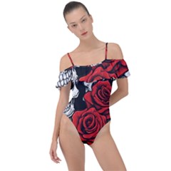 Roses And Skulls Frill Detail One Piece Swimsuit