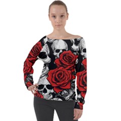 Roses And Skulls Off Shoulder Long Sleeve Velour Top