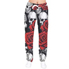 Roses And Skulls Women Velvet Drawstring Pants by pollyparadiseartshop