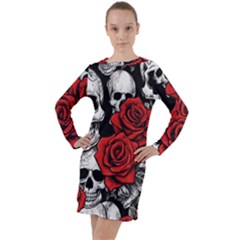 Roses And Skulls Long Sleeve Hoodie Dress by pollyparadiseartshop