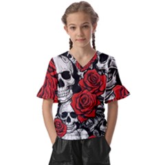 Roses And Skulls Kids  V-neck Horn Sleeve Blouse