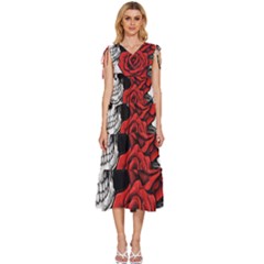 Roses And Skulls V-neck Drawstring Shoulder Sleeveless Maxi Dress