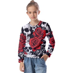 Roses And Skulls Kids  Long Sleeve T-shirt With Frill 