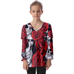 Roses And Skulls Kids  V Neck Casual Top