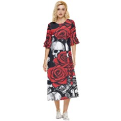 Roses And Skulls Double Cuff Midi Dress