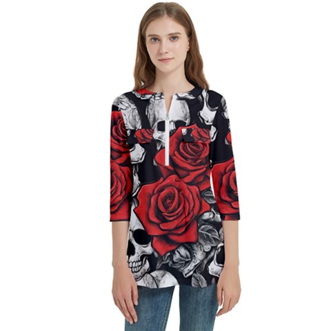 Roses And Skulls Women s Zip Front V-neck 3/4 Sleeve Casual Top Pocket Shirt by pollyparadiseartshop