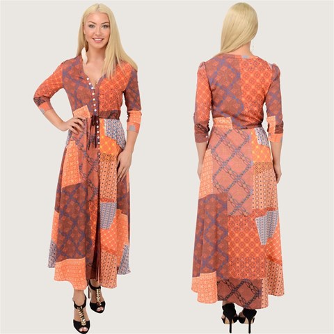 Brown Patchwork Waist Tie Boho Maxi Dress