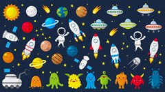 big set cute astronauts space planets stars aliens rockets ufo constellations satellite moon rover