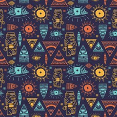 trendy african maya seamless pattern with doodle hand drawn ancient objects