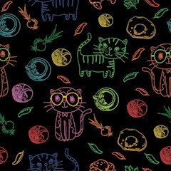 cats and food doodle seamless pattern