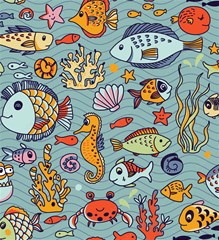 cartoon underwater seamless pattern with crab fish seahorse coral marine elements