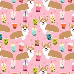 corgi bubble boba tea pink pattern