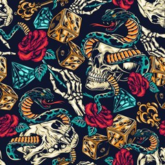 vintage art tattoos colorful seamless pattern