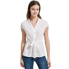 Women s Cap Sleeve Mandarin Collar Waist Tie Blouse Icon