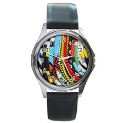 Multi-colored Beaded Background Black Leather Watch (round) by artattack4all