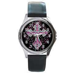 Hot Pink Rhinestone Cross Black Leather Watch (round) by artattack4all