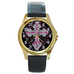 Hot Pink Rhinestone Cross Black Leather Gold Rim Watch (round) by artattack4all