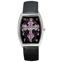 Hot Pink Rhinestone Cross Black Leather Watch (tonneau) by artattack4all